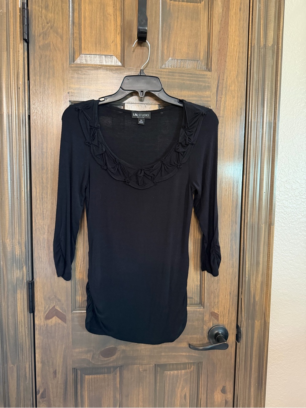 I.N. Studio Black Long-Sleeve Scoop Neck Top with Ruffle Detail
